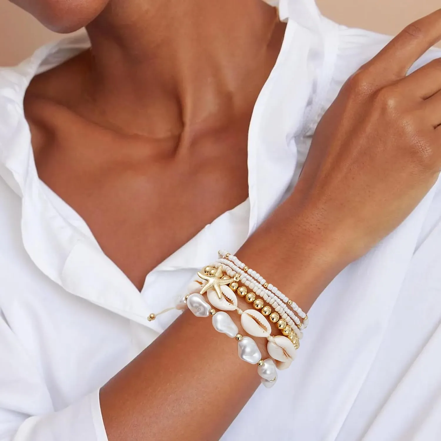 Summer Surfer Heishi Bracelet Set for Women Stackable Gold Clay Ploymer Bead Stretch Pink Beach Layering Bracelets Jewelry