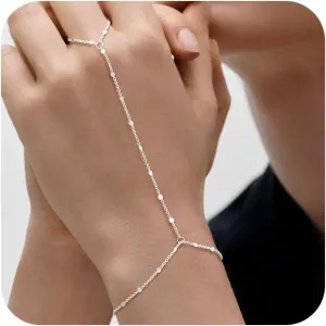 Tewiky Hand Chain Bracelet Ring, 14K Gold Plated/Silver Finger Ring Bracelet, Zircon Sequins Satellite Chain for Women, Trendy Non-Tarnish Jewelry