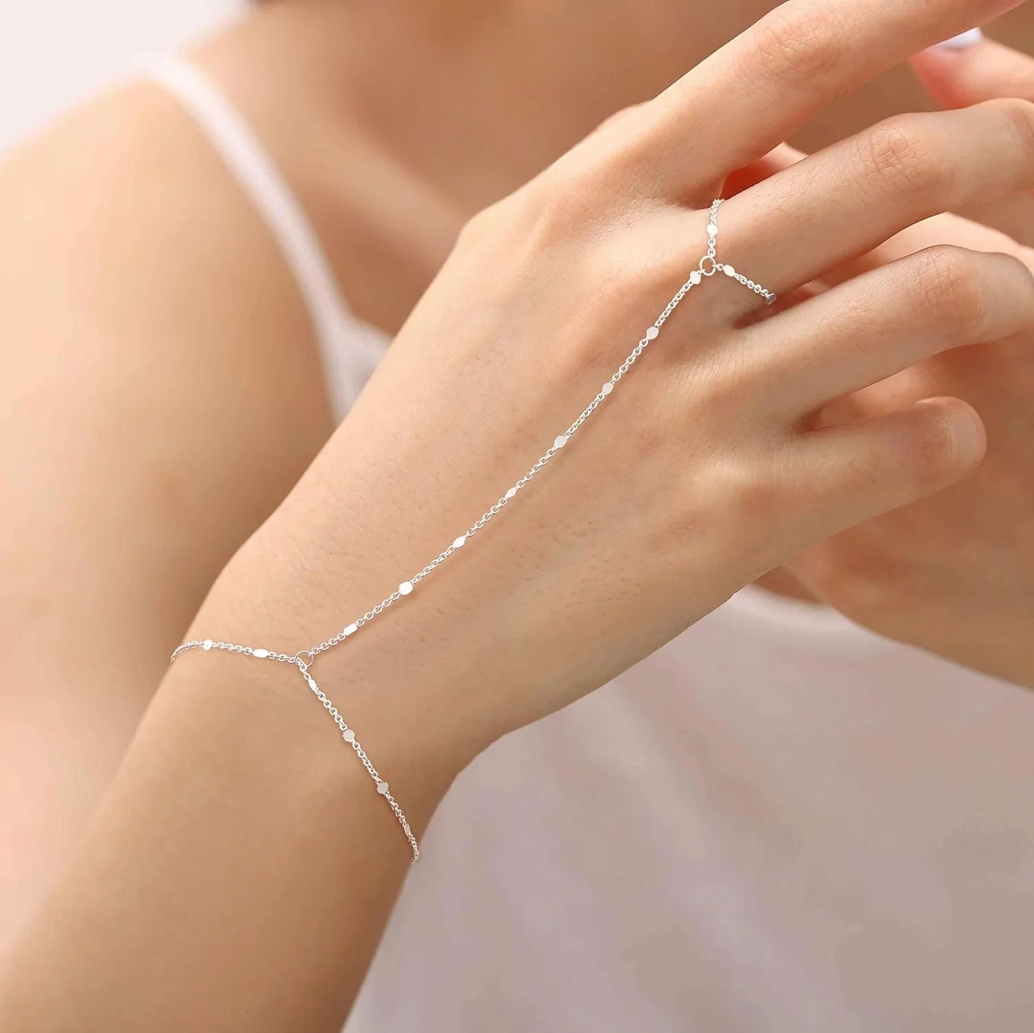 Tewiky Hand Chain Bracelet Ring, 14K Gold Plated/Silver Finger Ring Bracelet, Zircon Sequins Satellite Chain for Women, Trendy Non-Tarnish Jewelry