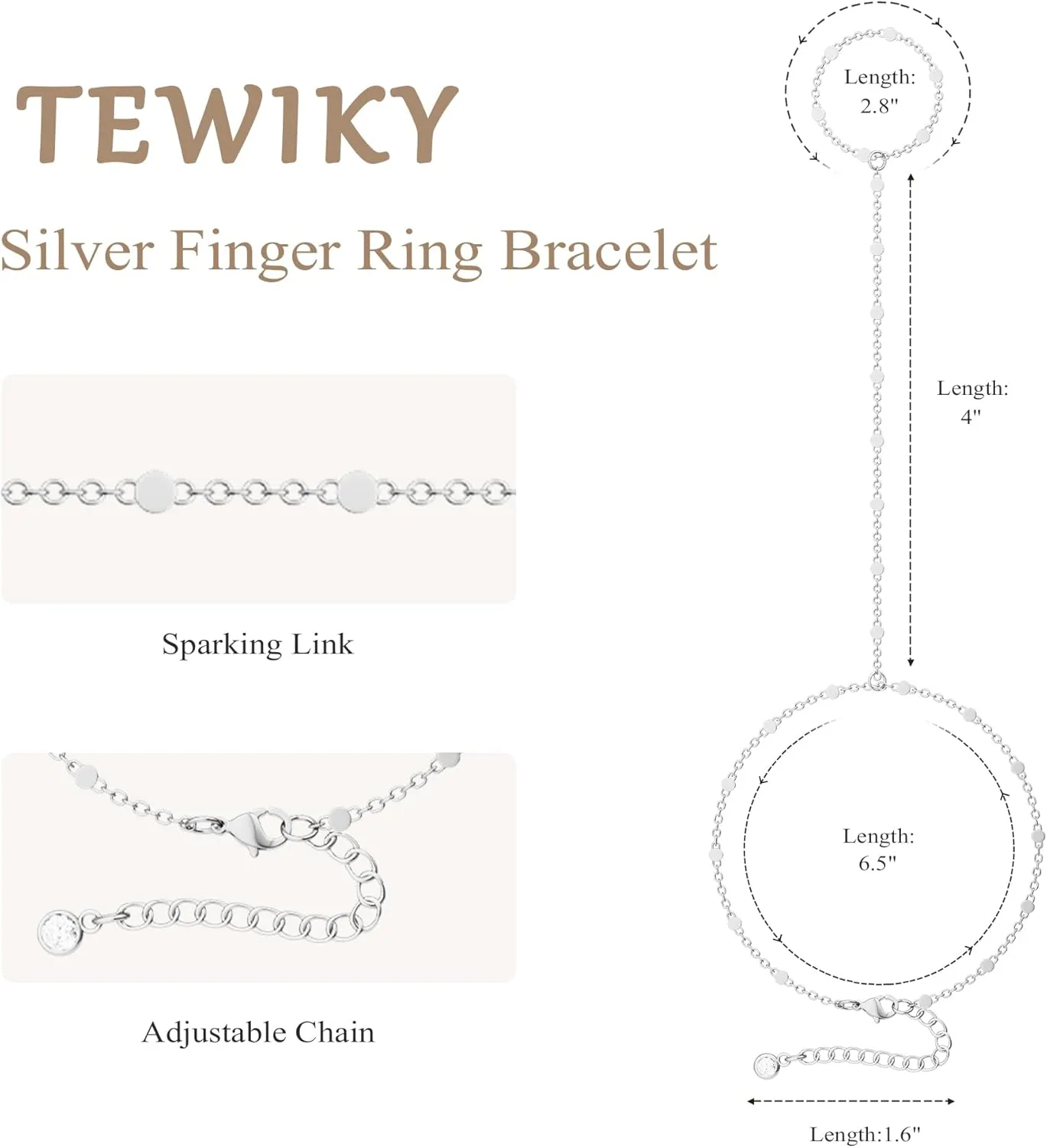 Tewiky Hand Chain Bracelet Ring, 14K Gold Plated/Silver Finger Ring Bracelet, Zircon Sequins Satellite Chain for Women, Trendy Non-Tarnish Jewelry