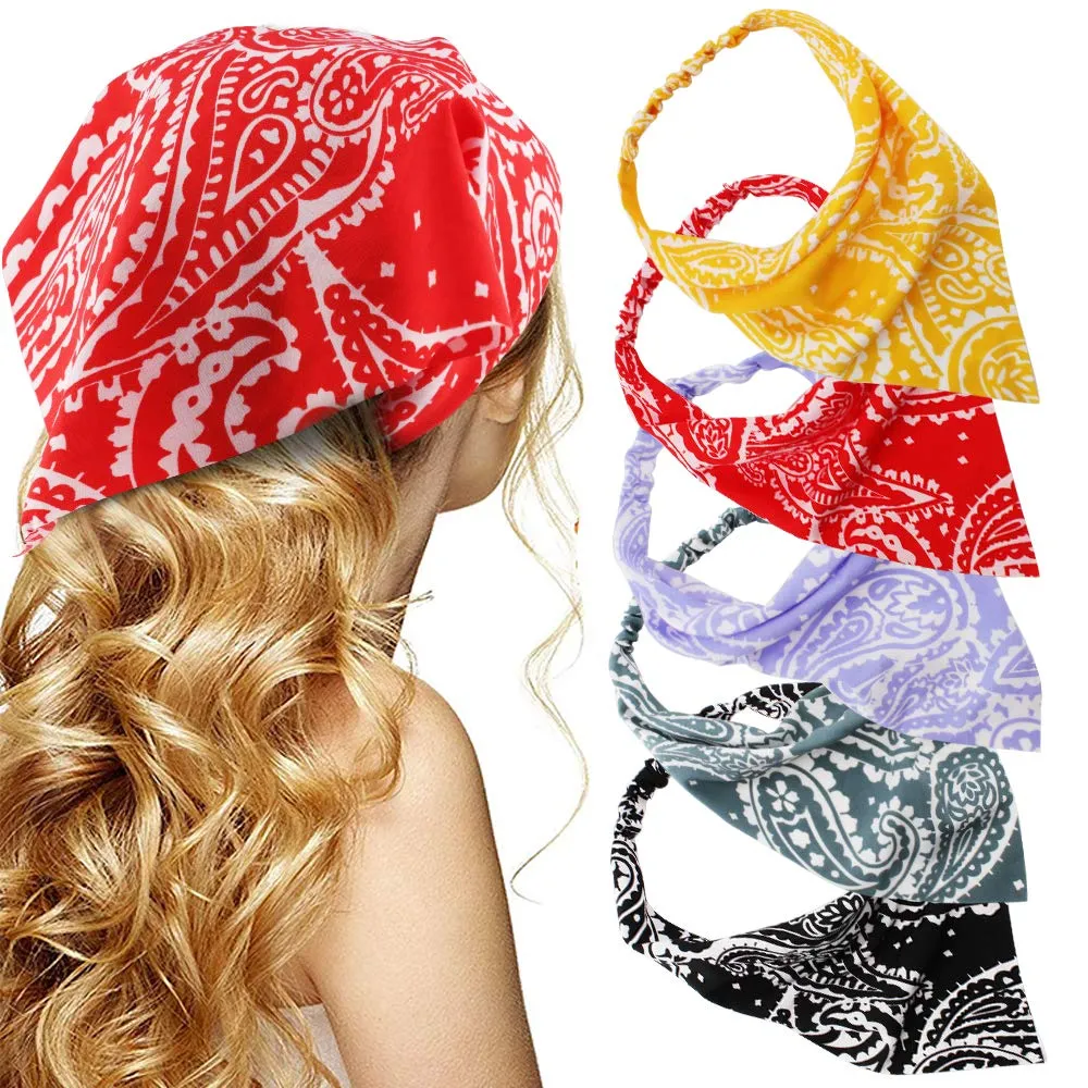 TOBATOBA 5 Pcs Paisley Elastic Boho Headbands - Thin Hair Scarves, Kerchiefs, Bandanas and Head Wraps for Women
