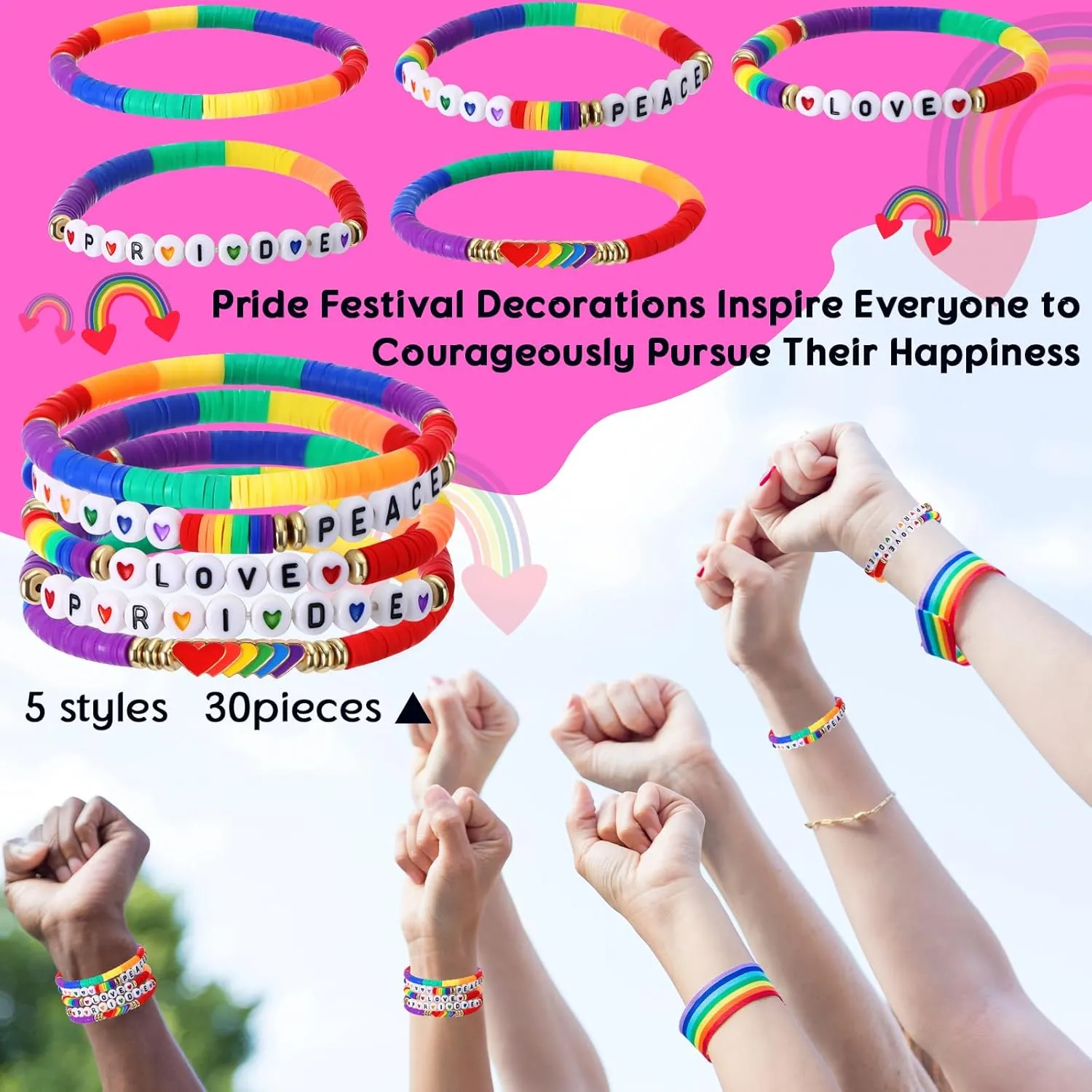 Tondiamo 30 Pcs Rainbow Gay Pride Bracelets LGBT Support Wristbands for Pride Day Month Parades Decorations Party Supplies
