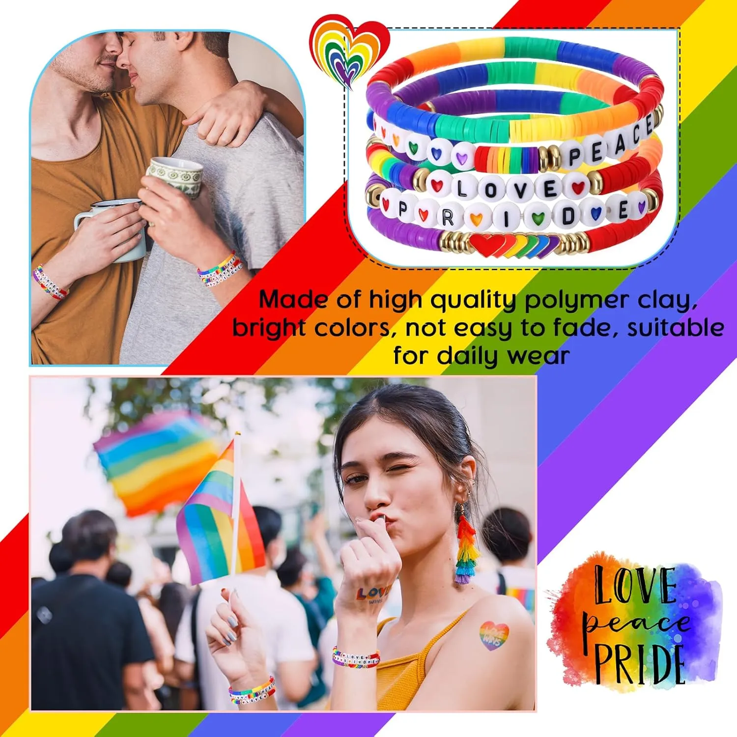 Tondiamo 30 Pcs Rainbow Gay Pride Bracelets LGBT Support Wristbands for Pride Day Month Parades Decorations Party Supplies
