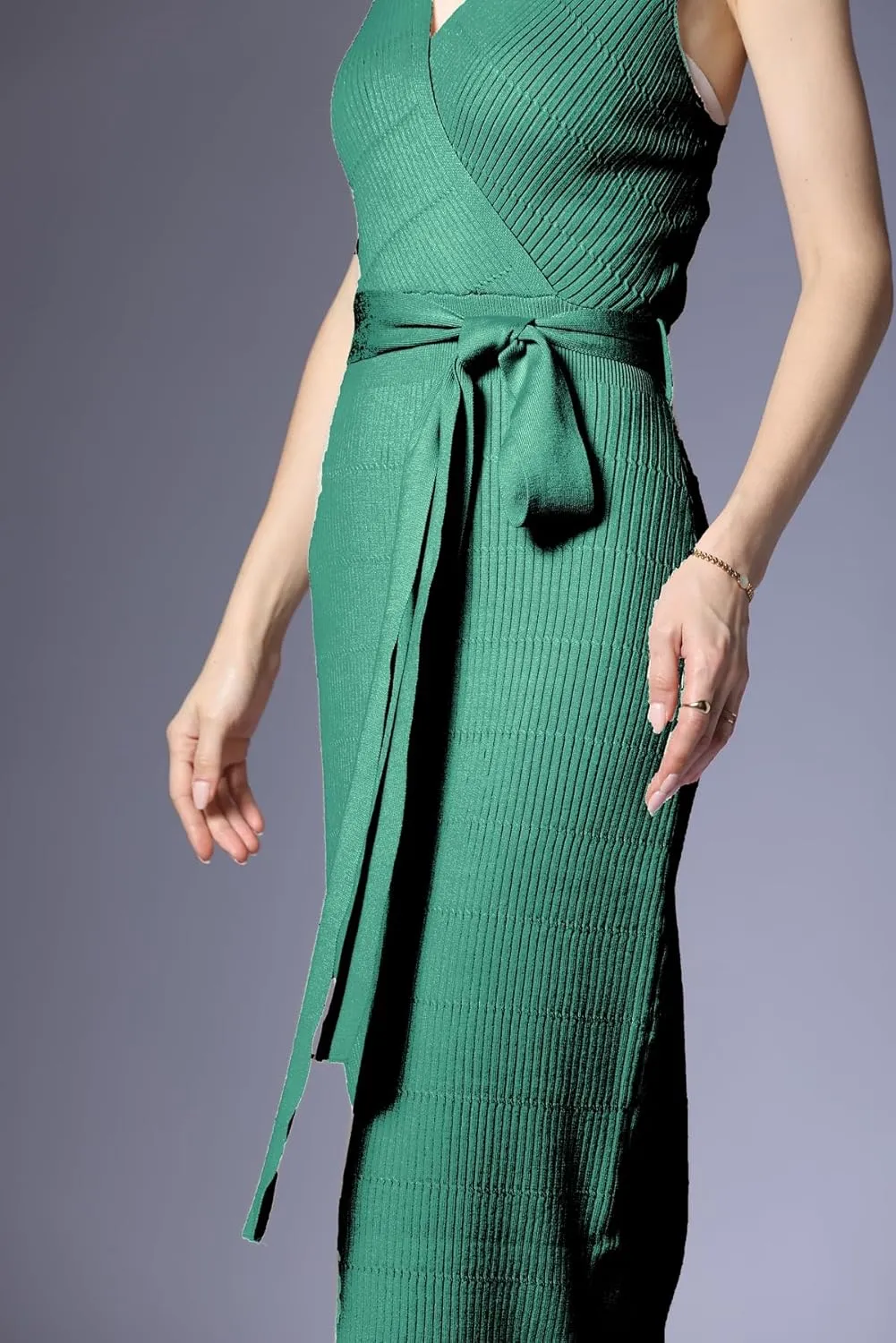 V Neck Sleeveless Midi Sweater Dress Bottom Knitted Bodycon Dress Chic Ribbed Knit Wrap Dress