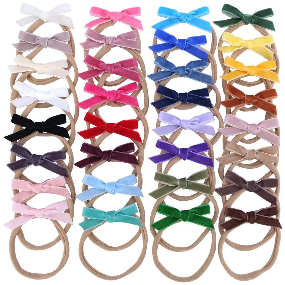 Velvet Bow Soft Stretchy Headbands for Newborn Infant Toddlers Hair Bow Elastic Bands Baby Girls Nylon Hairband (2.75'' Mini 32 PCS)