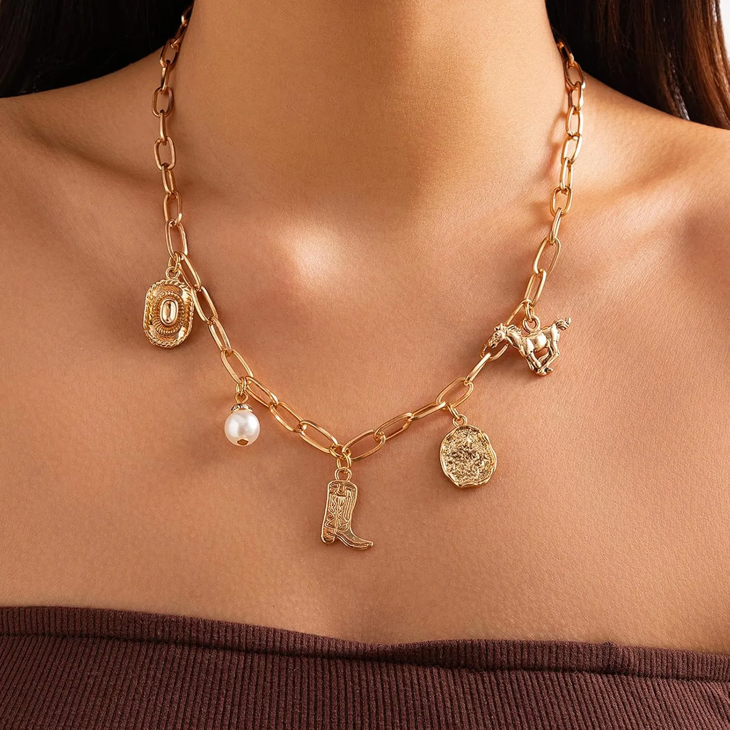 Western Necklaces for Women Charm Necklace Western Outfit for Women Cowboy Cowgirl Boots Hats Charms Country Concert Outfits