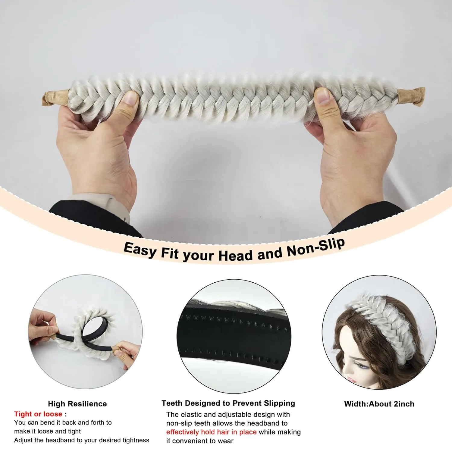 Wide Braided Headband Hoop Fashion Hair Accessories Elastic Non-slip Band for Women and Girl (White Grey)