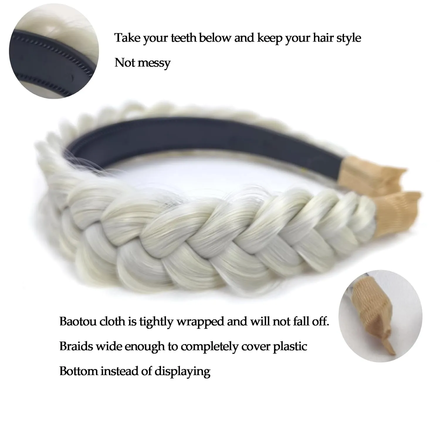 Wide Braided Headband Hoop Fashion Hair Accessories Elastic Non-slip Band for Women and Girl (White Grey)
