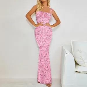 Women Floral Printed Spaghetti Strap Maxi Dress Long Dress Backless Tie Shoulder Mermaid Dress