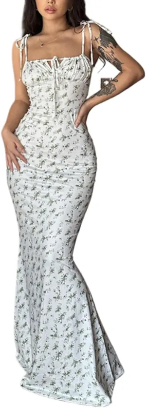 Women Floral Printed Spaghetti Strap Maxi Dress Long Dress Backless Tie Shoulder Mermaid Dress