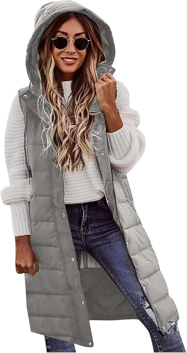 Women Long Puffer Vest Oversized Sleeveless Quilted Vest Zipper Hooded Puffy Jacket Plus Size Down Vest Outerwear