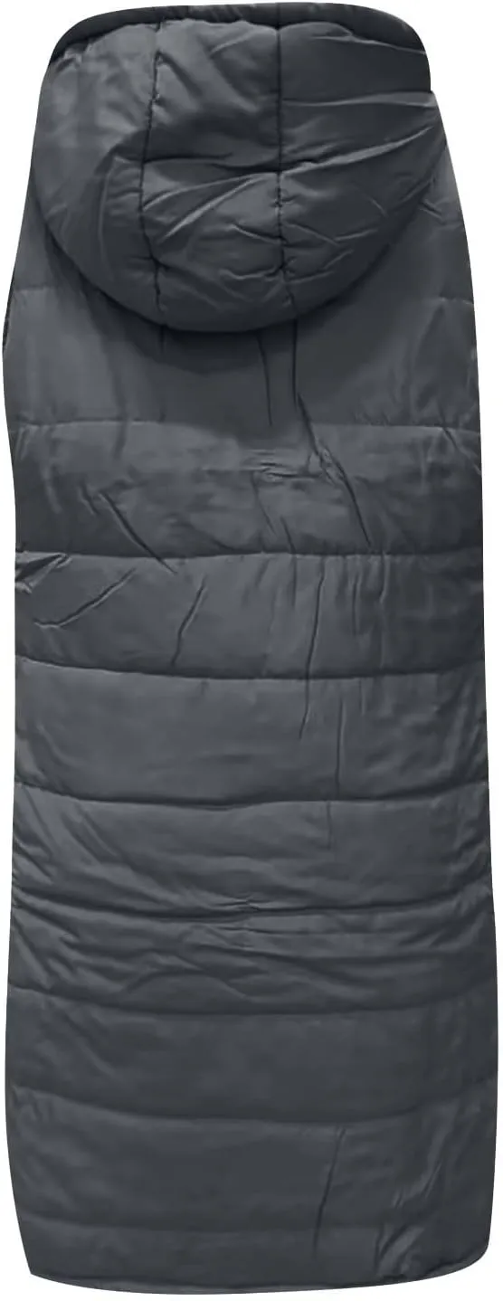 Women Long Puffer Vest Oversized Sleeveless Quilted Vest Zipper Hooded Puffy Jacket Plus Size Down Vest Outerwear