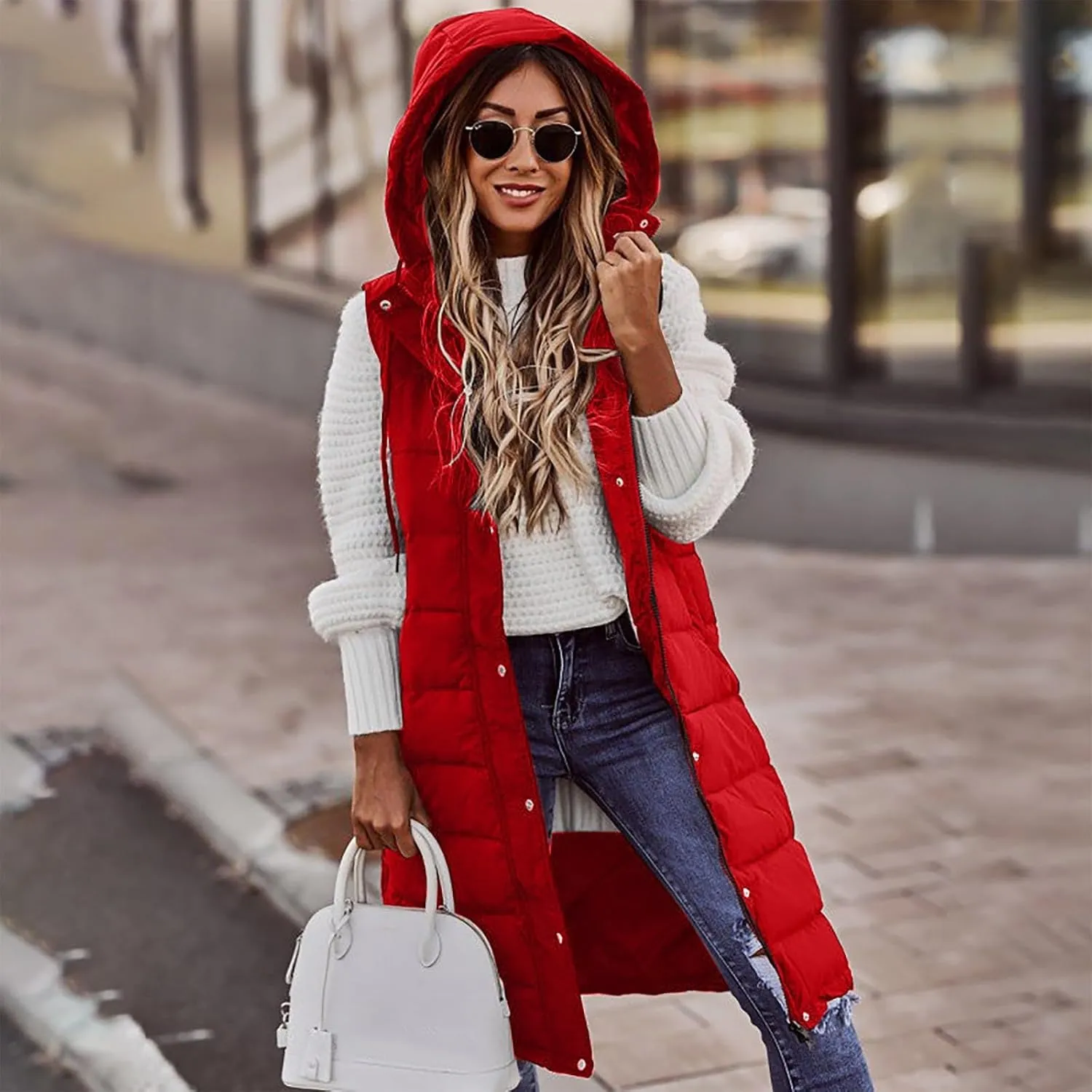 Women Long Puffer Vest Oversized Sleeveless Quilted Vest Zipper Hooded Puffy Jacket Plus Size Down Vest Outerwear