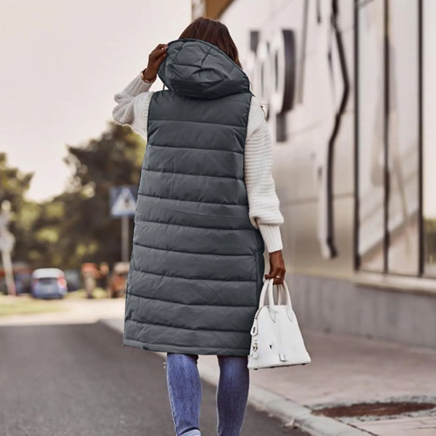 Women Long Puffer Vest Oversized Sleeveless Quilted Vest Zipper Hooded Puffy Jacket Plus Size Down Vest Outerwear