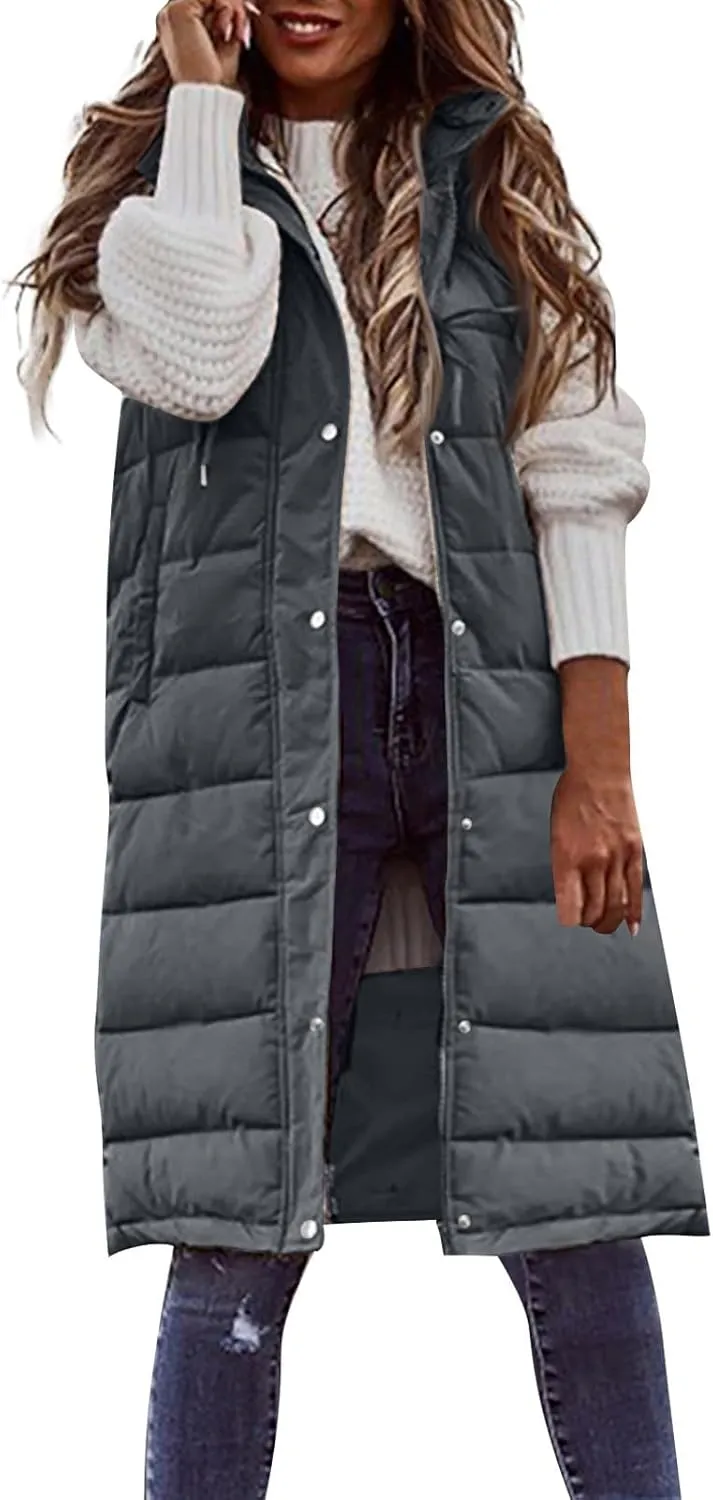 Women Long Puffer Vest Oversized Sleeveless Quilted Vest Zipper Hooded Puffy Jacket Plus Size Down Vest Outerwear