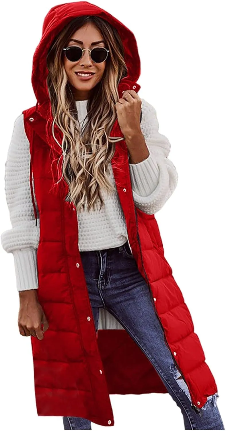 Women Long Puffer Vest Oversized Sleeveless Quilted Vest Zipper Hooded Puffy Jacket Plus Size Down Vest Outerwear