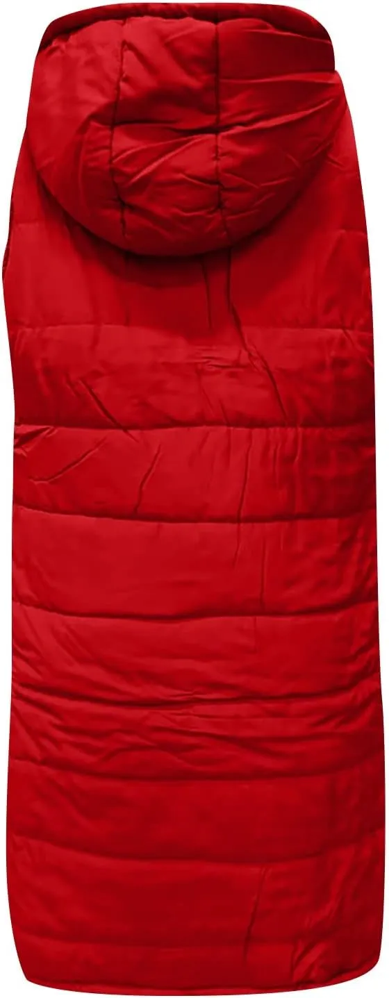 Women Long Puffer Vest Oversized Sleeveless Quilted Vest Zipper Hooded Puffy Jacket Plus Size Down Vest Outerwear