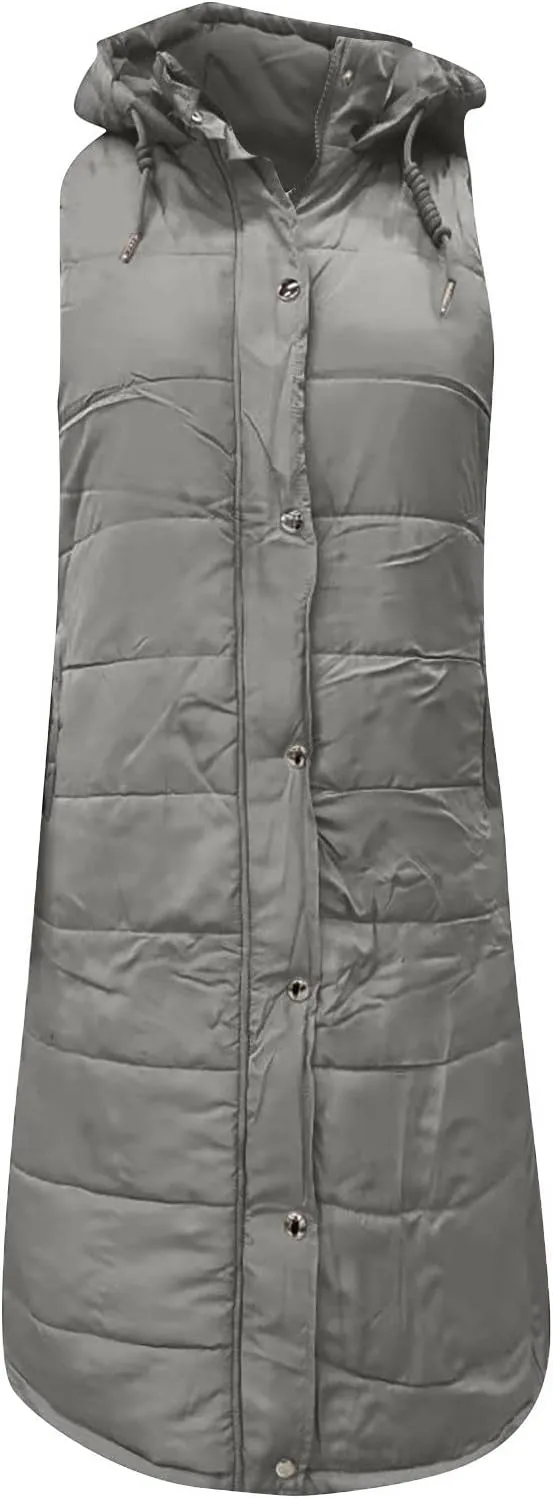 Women Long Puffer Vest Oversized Sleeveless Quilted Vest Zipper Hooded Puffy Jacket Plus Size Down Vest Outerwear