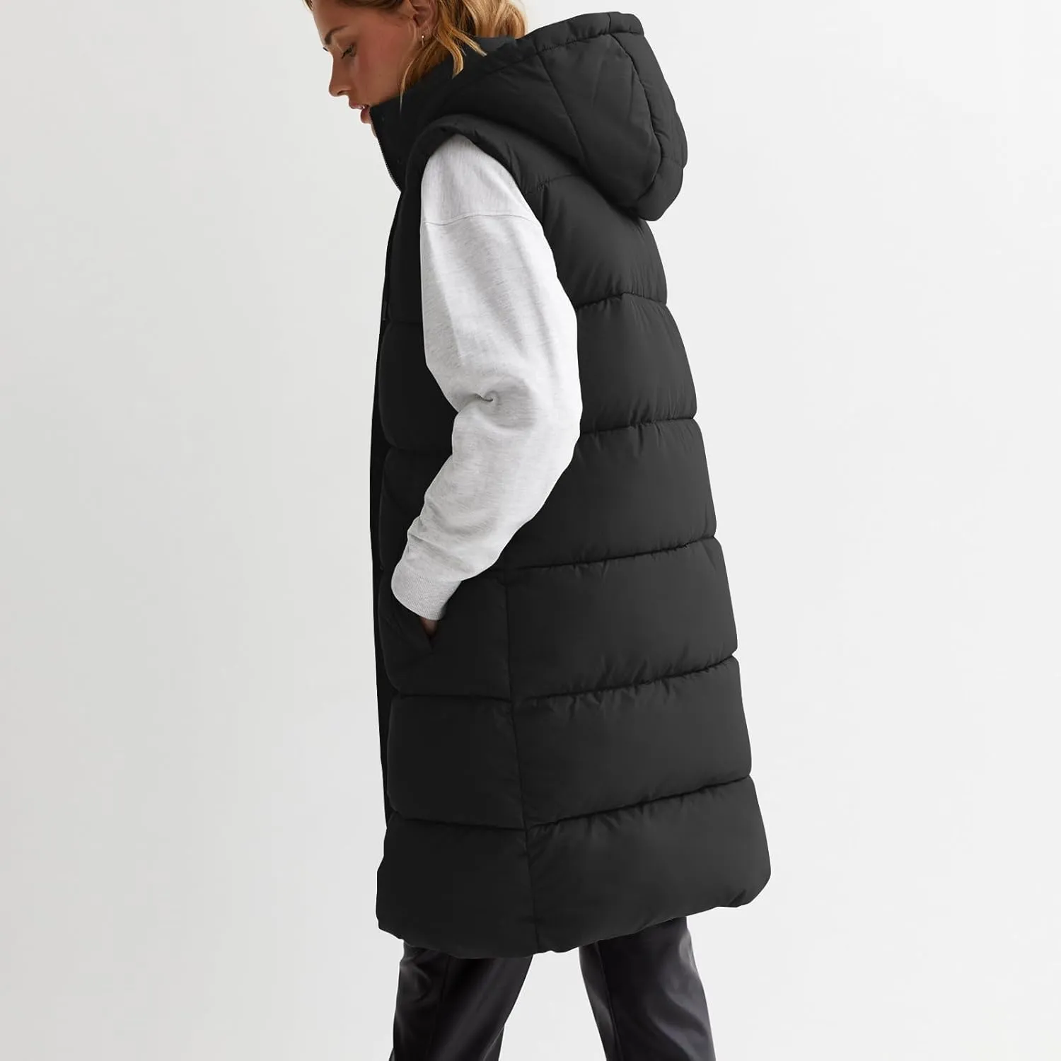 Women Long Puffer Vest Oversized Sleeveless Quilted Vest Zipper Hooded Puffy Jacket Winter Warm Padded Gilet Coat