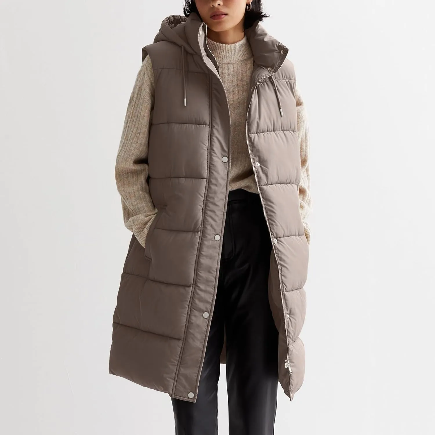 Women Long Puffer Vest Oversized Sleeveless Quilted Vest Zipper Hooded Puffy Jacket Winter Warm Padded Gilet Coat