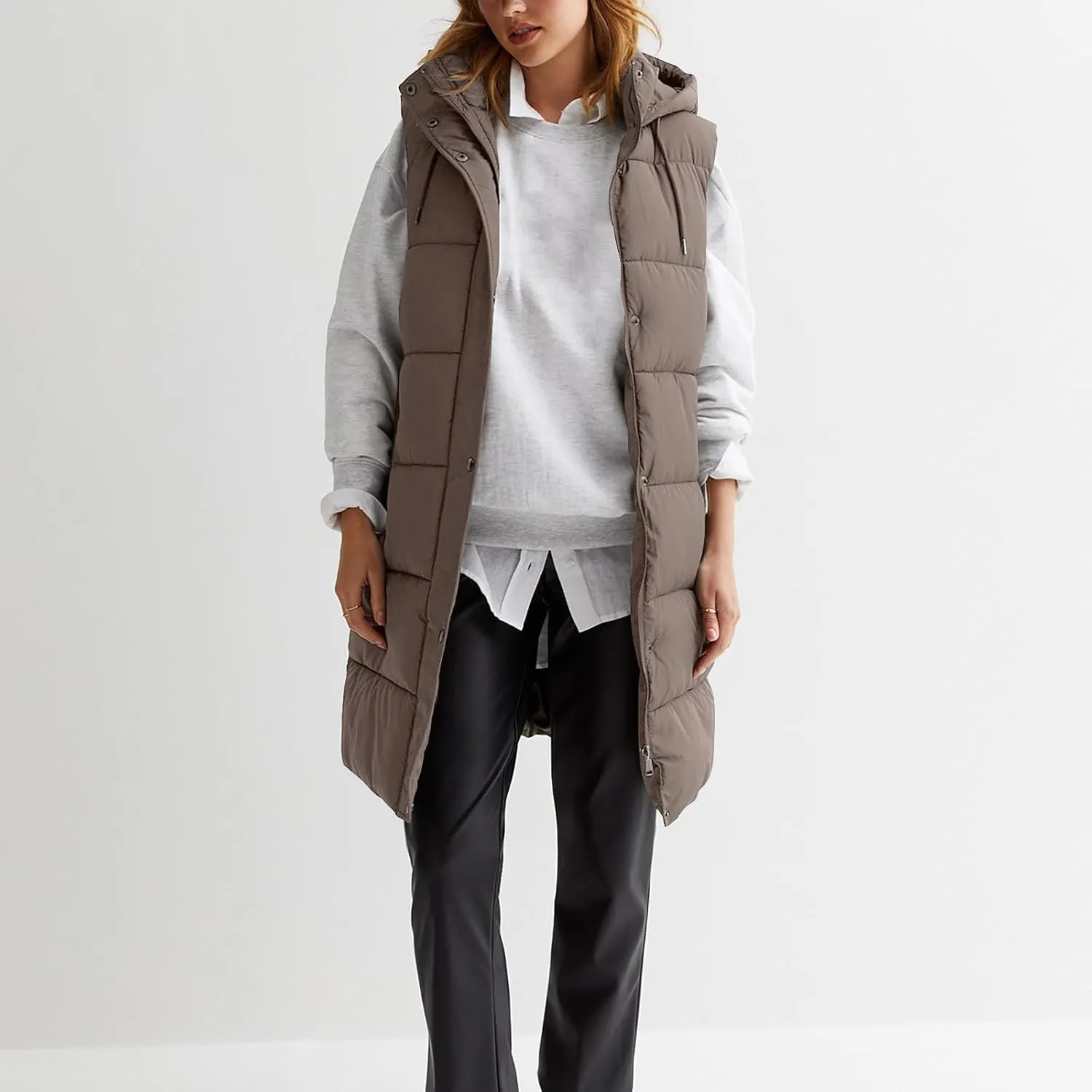 Women Long Puffer Vest Oversized Sleeveless Quilted Vest Zipper Hooded Puffy Jacket Winter Warm Padded Gilet Coat