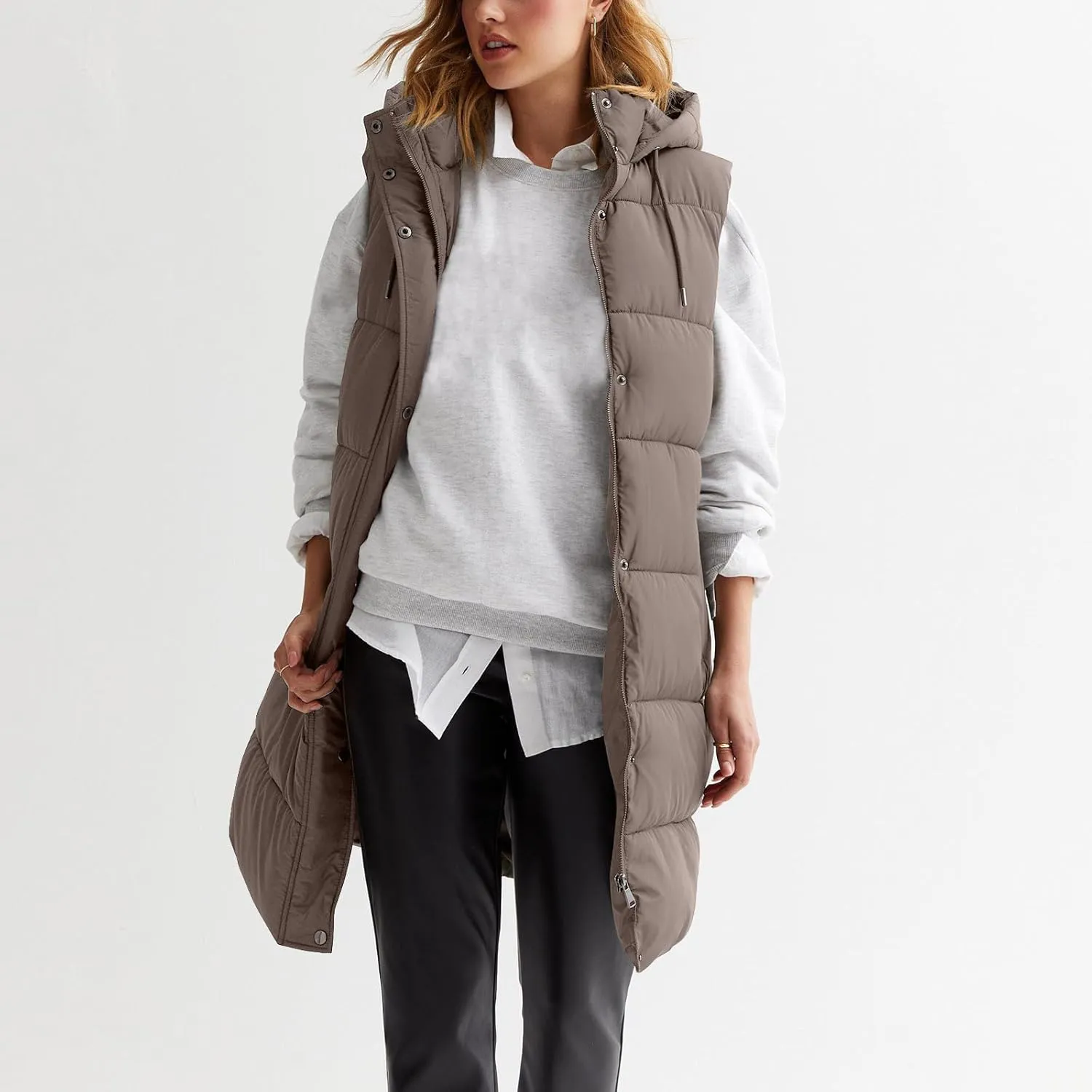 Women Long Puffer Vest Oversized Sleeveless Quilted Vest Zipper Hooded Puffy Jacket Winter Warm Padded Gilet Coat