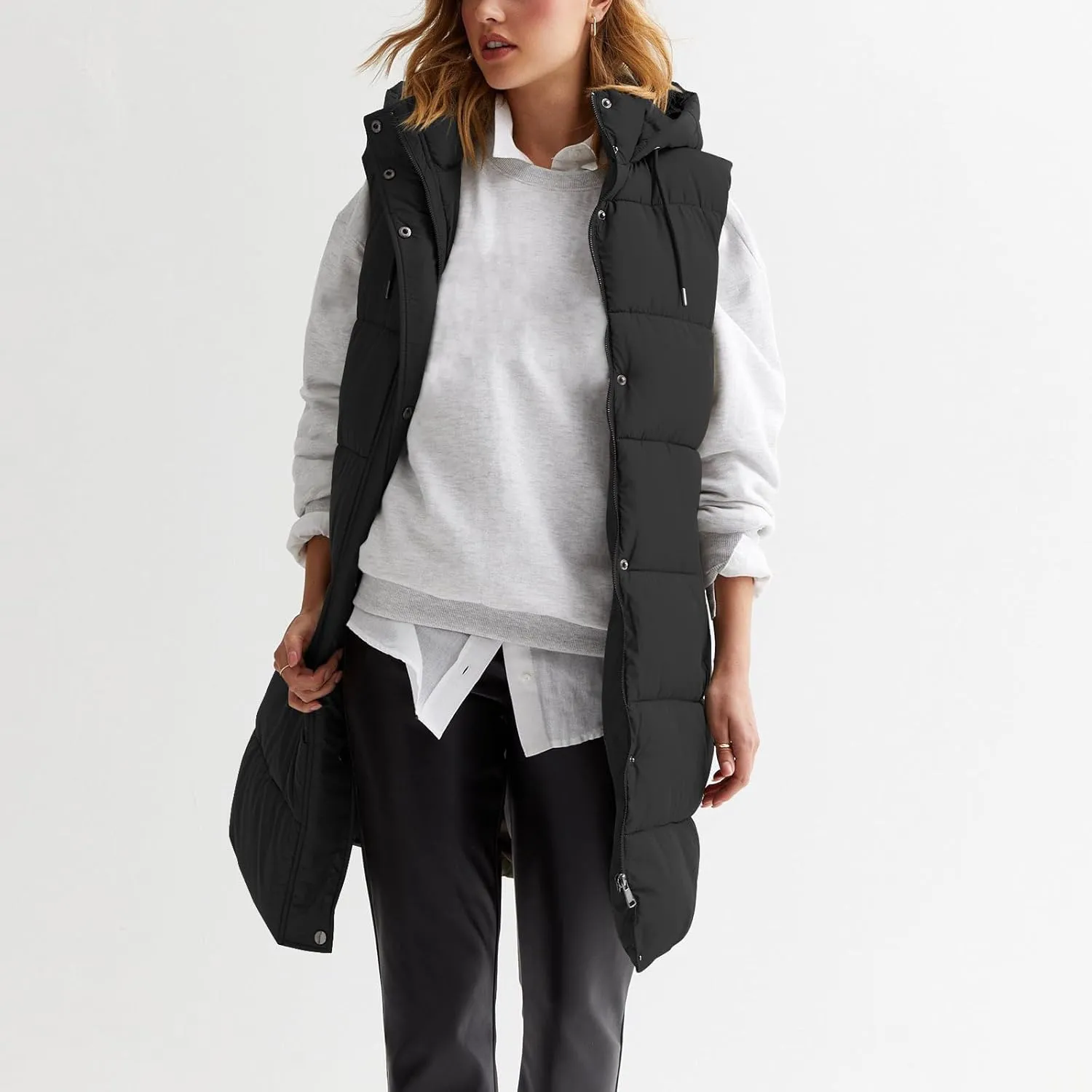 Women Long Puffer Vest Oversized Sleeveless Quilted Vest Zipper Hooded Puffy Jacket Winter Warm Padded Gilet Coat