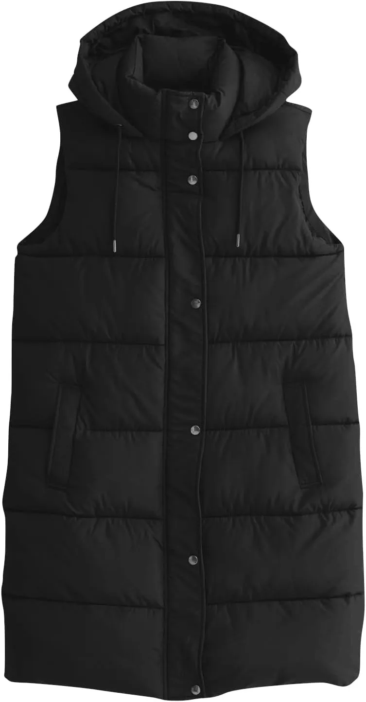 Women Long Puffer Vest Oversized Sleeveless Quilted Vest Zipper Hooded Puffy Jacket Winter Warm Padded Gilet Coat