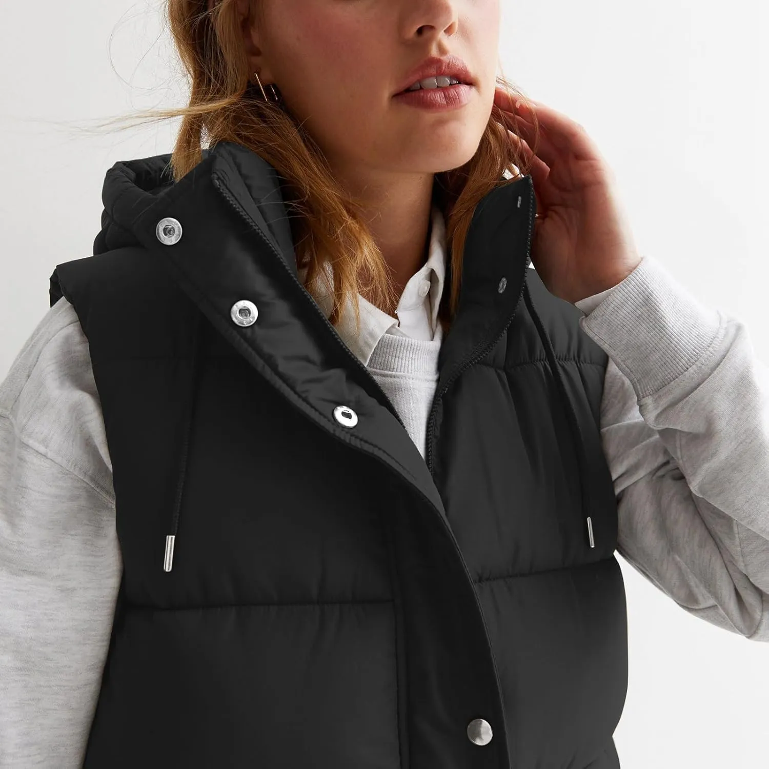 Women Long Puffer Vest Oversized Sleeveless Quilted Vest Zipper Hooded Puffy Jacket Winter Warm Padded Gilet Coat