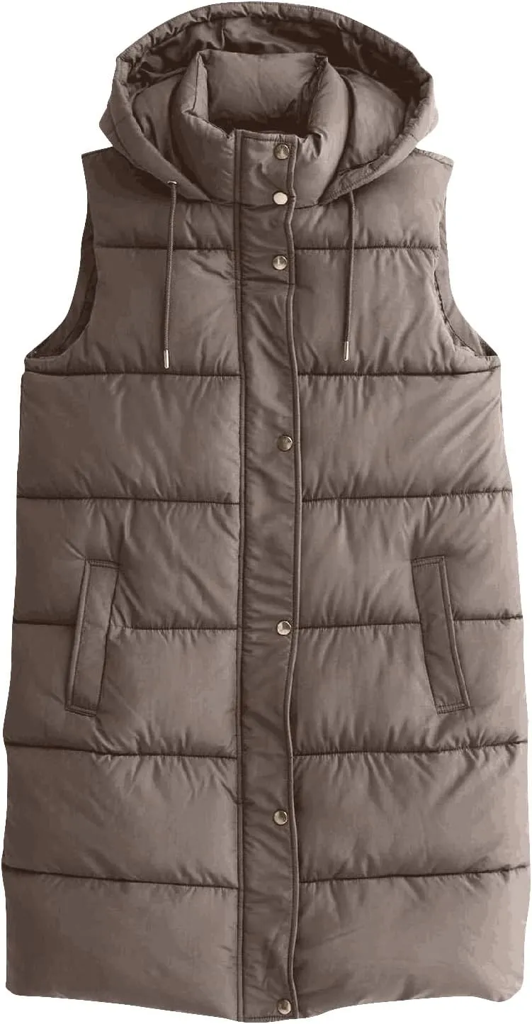 Women Long Puffer Vest Oversized Sleeveless Quilted Vest Zipper Hooded Puffy Jacket Winter Warm Padded Gilet Coat