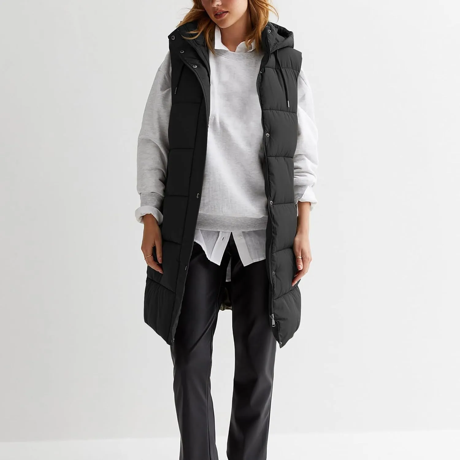 Women Long Puffer Vest Oversized Sleeveless Quilted Vest Zipper Hooded Puffy Jacket Winter Warm Padded Gilet Coat