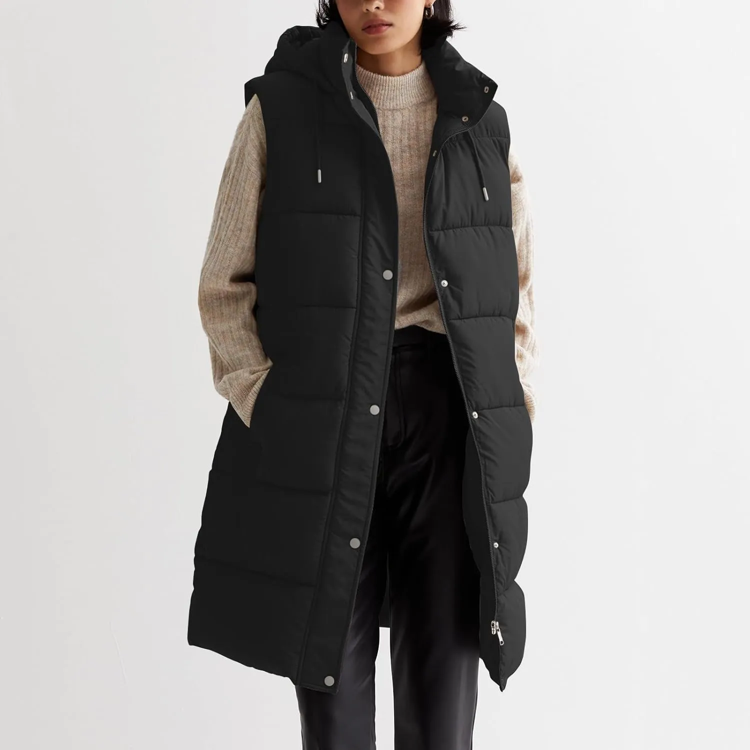 Women Long Puffer Vest Oversized Sleeveless Quilted Vest Zipper Hooded Puffy Jacket Winter Warm Padded Gilet Coat