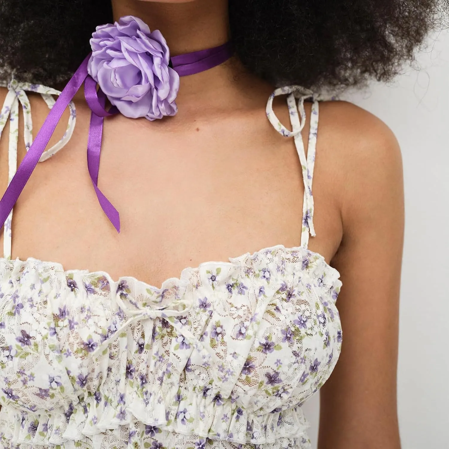 Women Spaghetti Straps Slip Dress Backless Tie-up Floral Mini Dress Low Cut Dress Streetwear