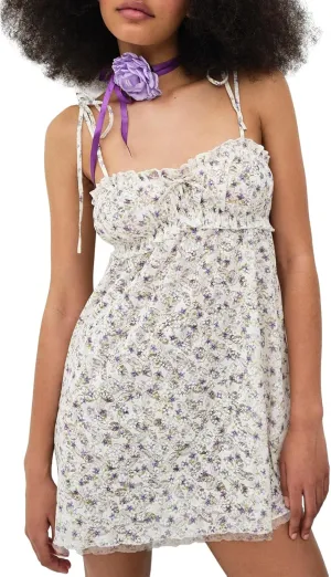 Women Spaghetti Straps Slip Dress Backless Tie-up Floral Mini Dress Low Cut Dress Streetwear