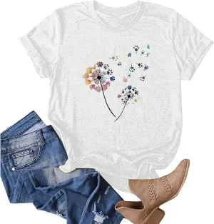 Women T-Shirt Casual Cute Tops Graphic Tee Crew Neck Short Sleeve Sunflower Heart Print Loose Summer Tops Tshirts