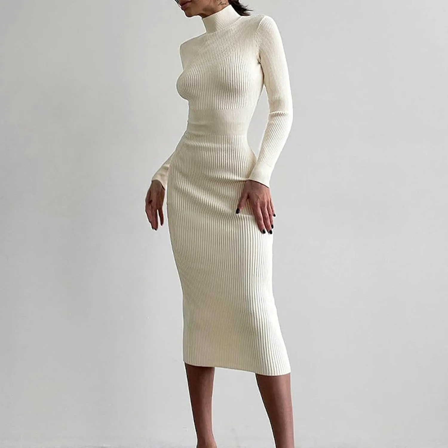 Women Turtleneck Long Sleeve Knit Elasticity Slim Sweater Dress Midi Wrap Dress