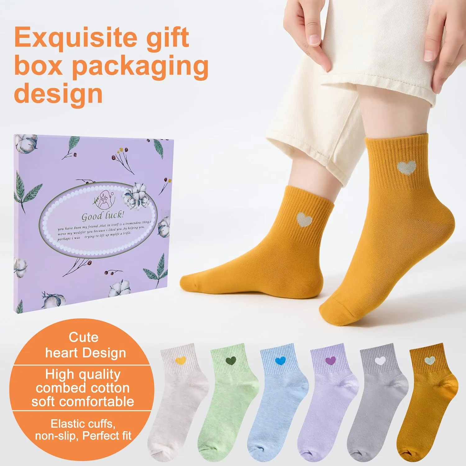 Women's Cute Ankle Crew Socks - Novelty Fun Heart Cotton Casual Athletic Running Socks 6Pairs With Gift Box