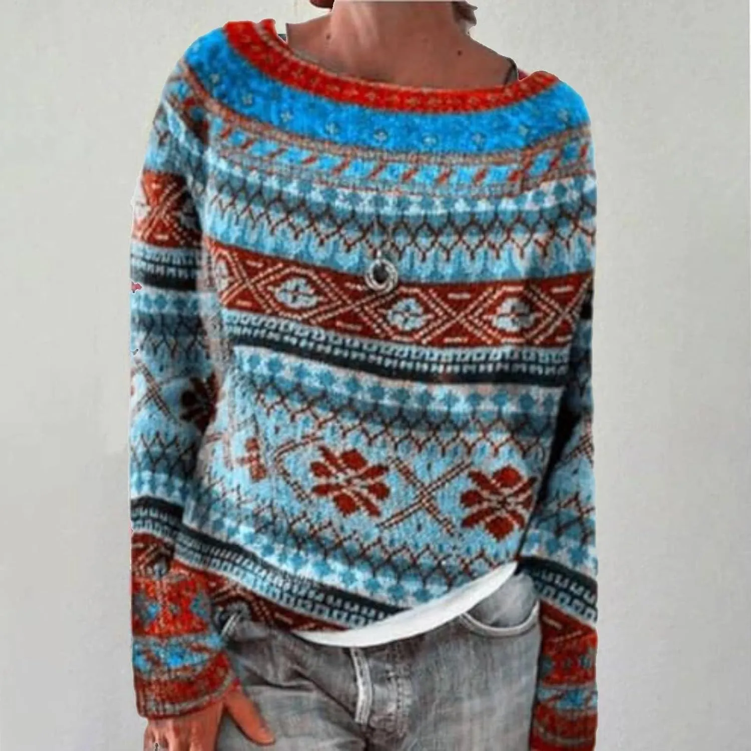 Womens Knitted Fair Isle Print Retro Sweater Long Sleeve Crewneck Sweater Ugly Christmas Fall Sweaters for Women 2024