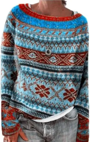 Womens Knitted Fair Isle Print Retro Sweater Long Sleeve Crewneck Sweater Ugly Christmas Fall Sweaters for Women 2024