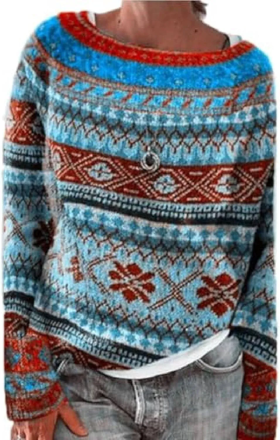 Womens Knitted Fair Isle Print Retro Sweater Long Sleeve Crewneck Sweater Ugly Christmas Fall Sweaters for Women 2024