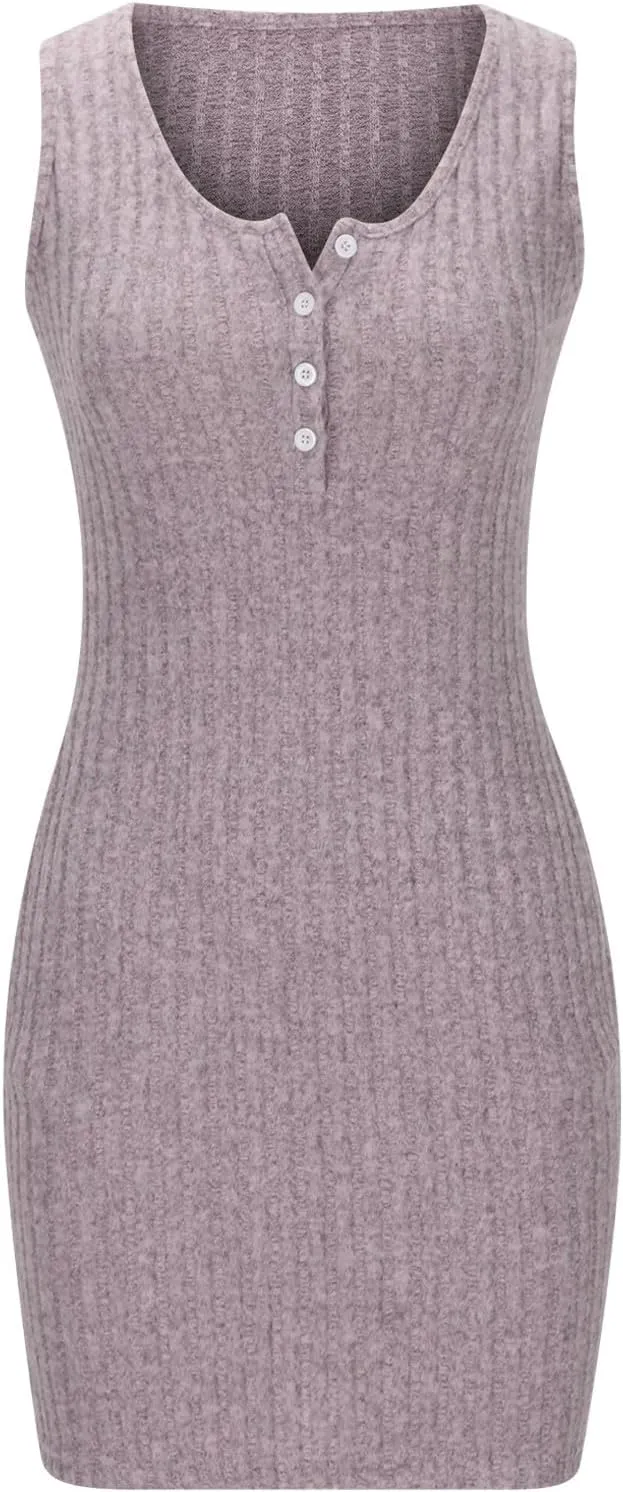 Women's Knitted Mini Dress Button Down V Neck Short Party Dress Ribbed Solid Dress Sleeveless Bodycon Pencil Dress
