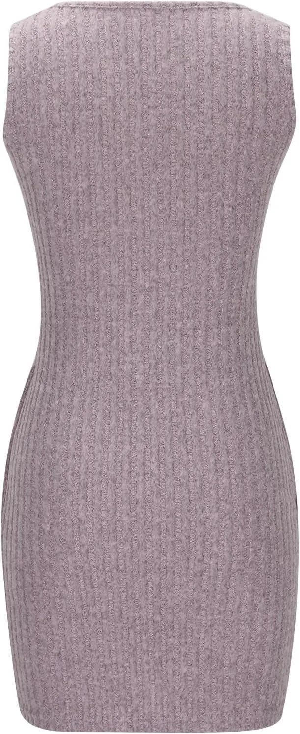 Women's Knitted Mini Dress Button Down V Neck Short Party Dress Ribbed Solid Dress Sleeveless Bodycon Pencil Dress