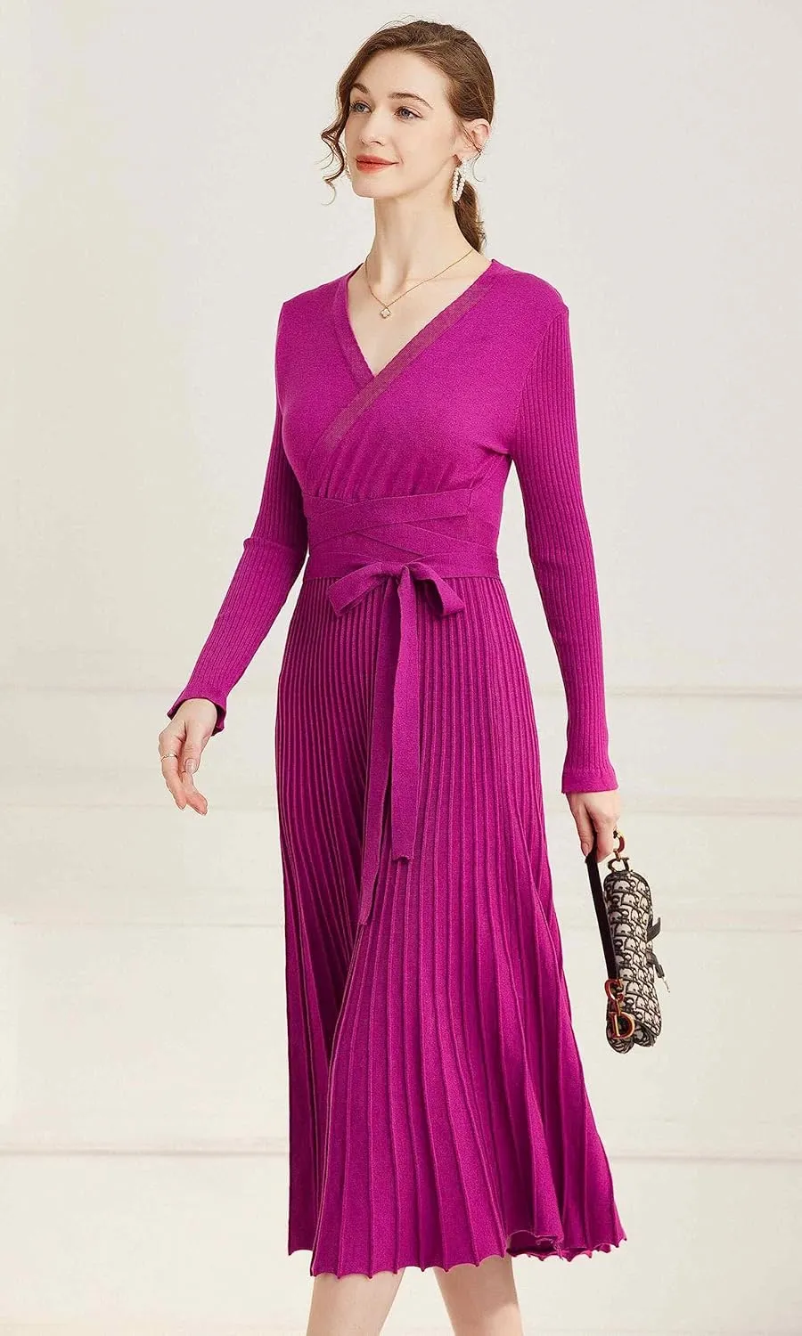 Women's Long Sleeve Sweater Dress Ankle Length Fall Dress Vneck Knit Winter Dress