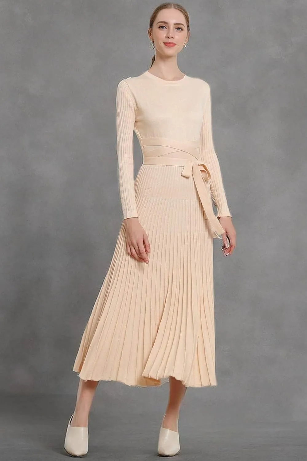 Women's Long Sleeve Sweater Dress Ankle Length Fall Dress Vneck Knit Winter Dress