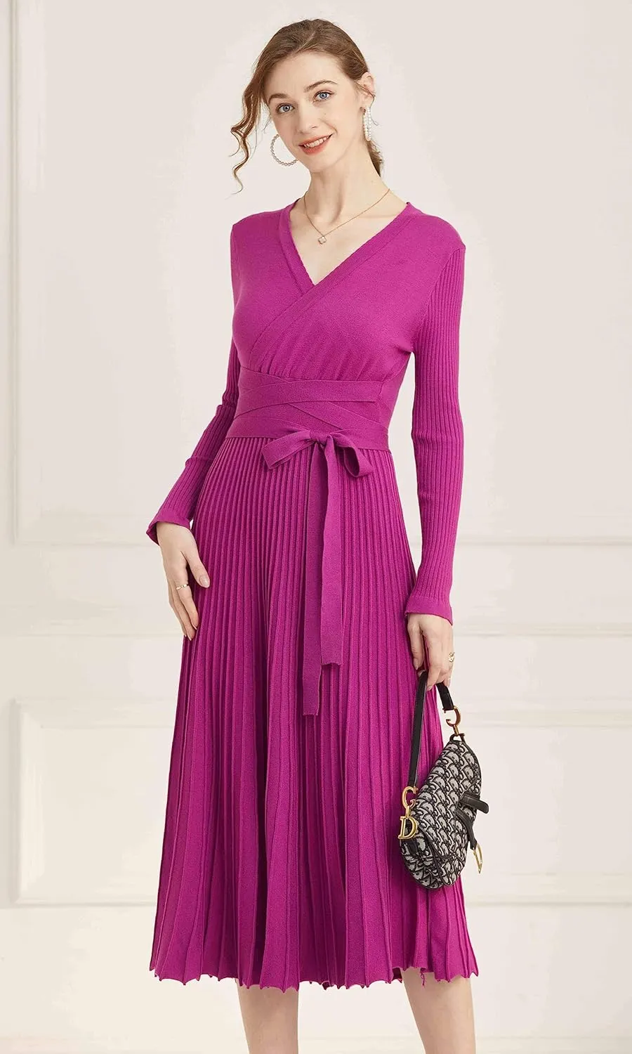 Women's Long Sleeve Sweater Dress Ankle Length Fall Dress Vneck Knit Winter Dress
