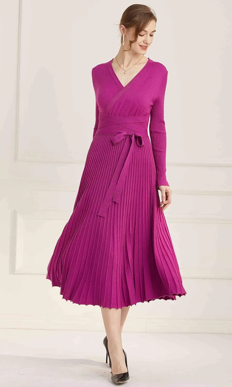 Women's Long Sleeve Sweater Dress Ankle Length Fall Dress Vneck Knit Winter Dress