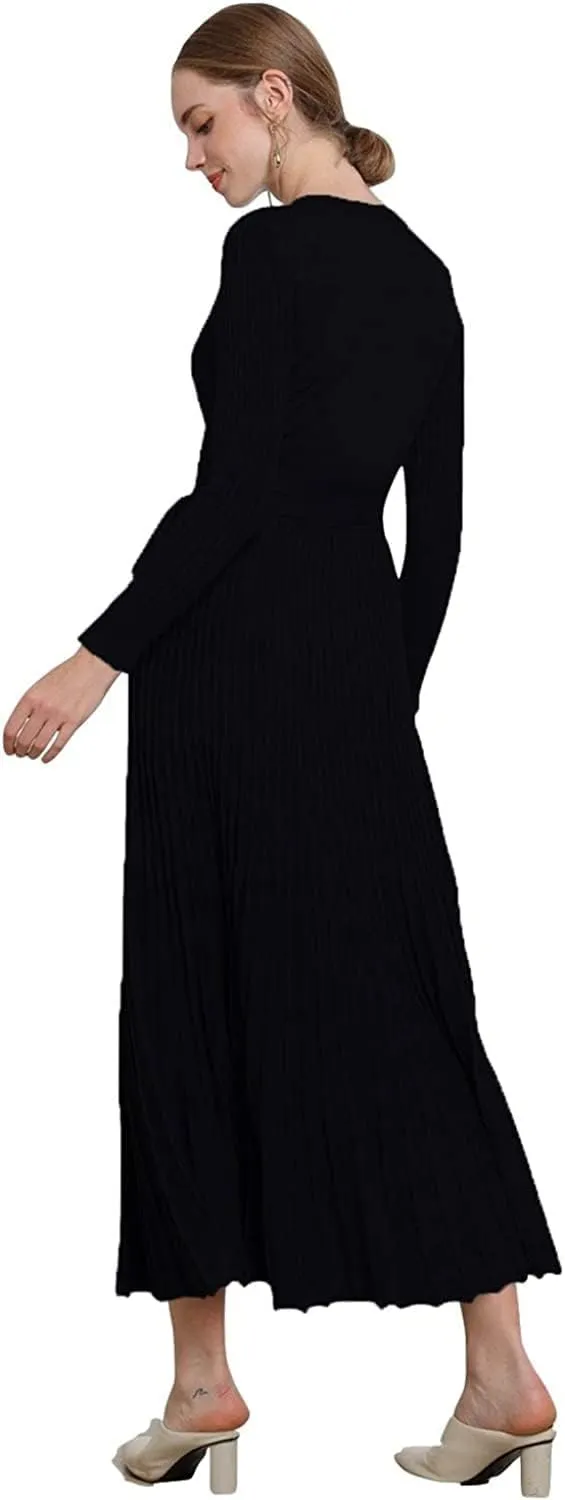 Women's Long Sleeve Sweater Dress Ankle Length Fall Dress Vneck Knit Winter Dress