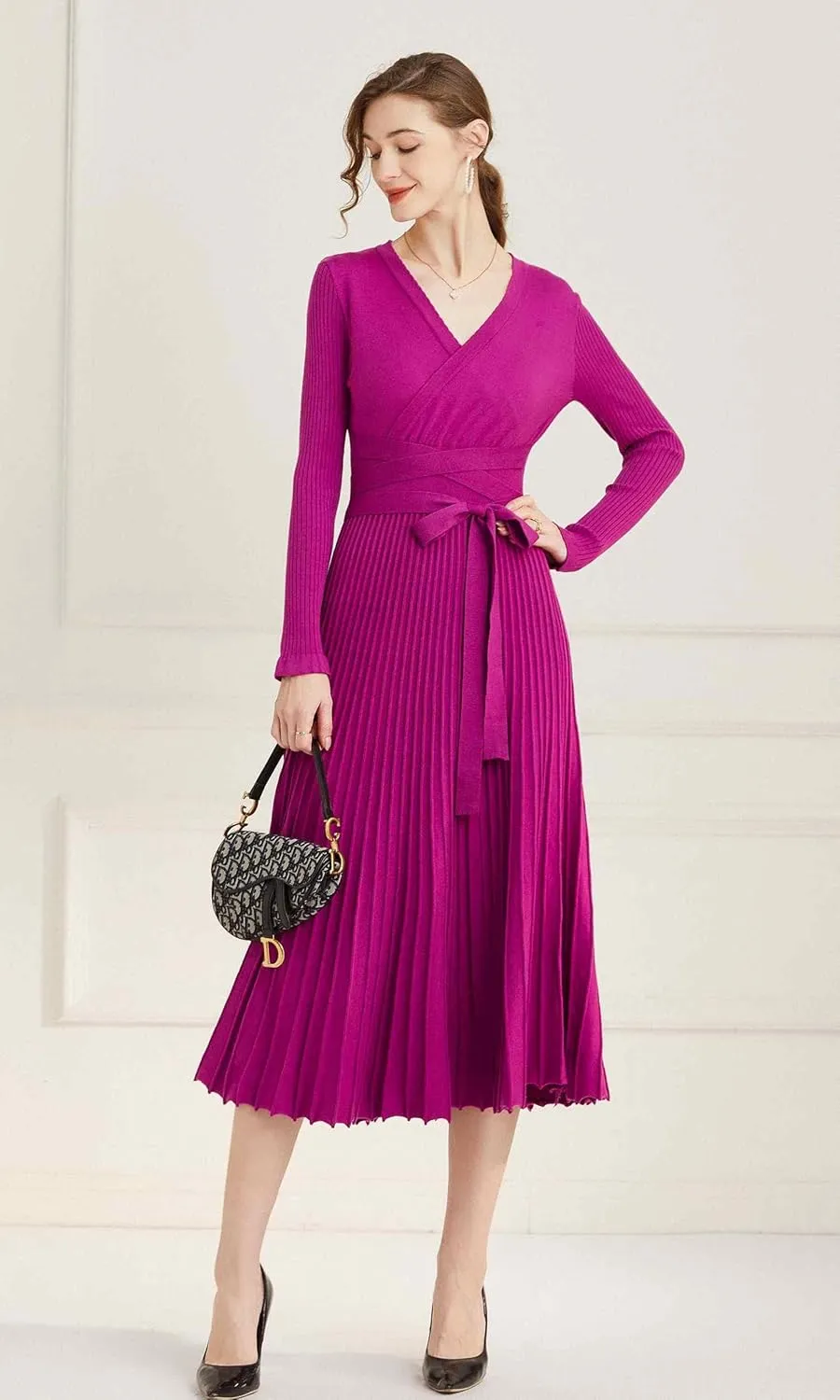 Women's Long Sleeve Sweater Dress Ankle Length Fall Dress Vneck Knit Winter Dress