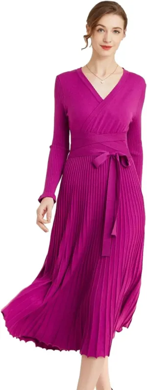 Women's Long Sleeve Sweater Dress Ankle Length Fall Dress Vneck Knit Winter Dress