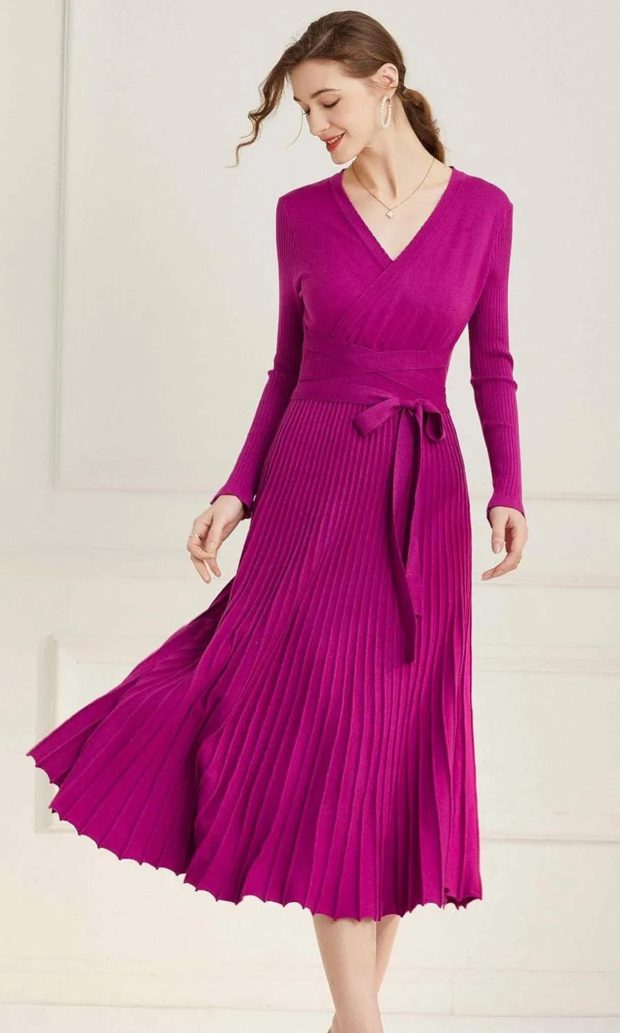 Women's Long Sleeve Sweater Dress Ankle Length Fall Dress Vneck Knit Winter Dress
